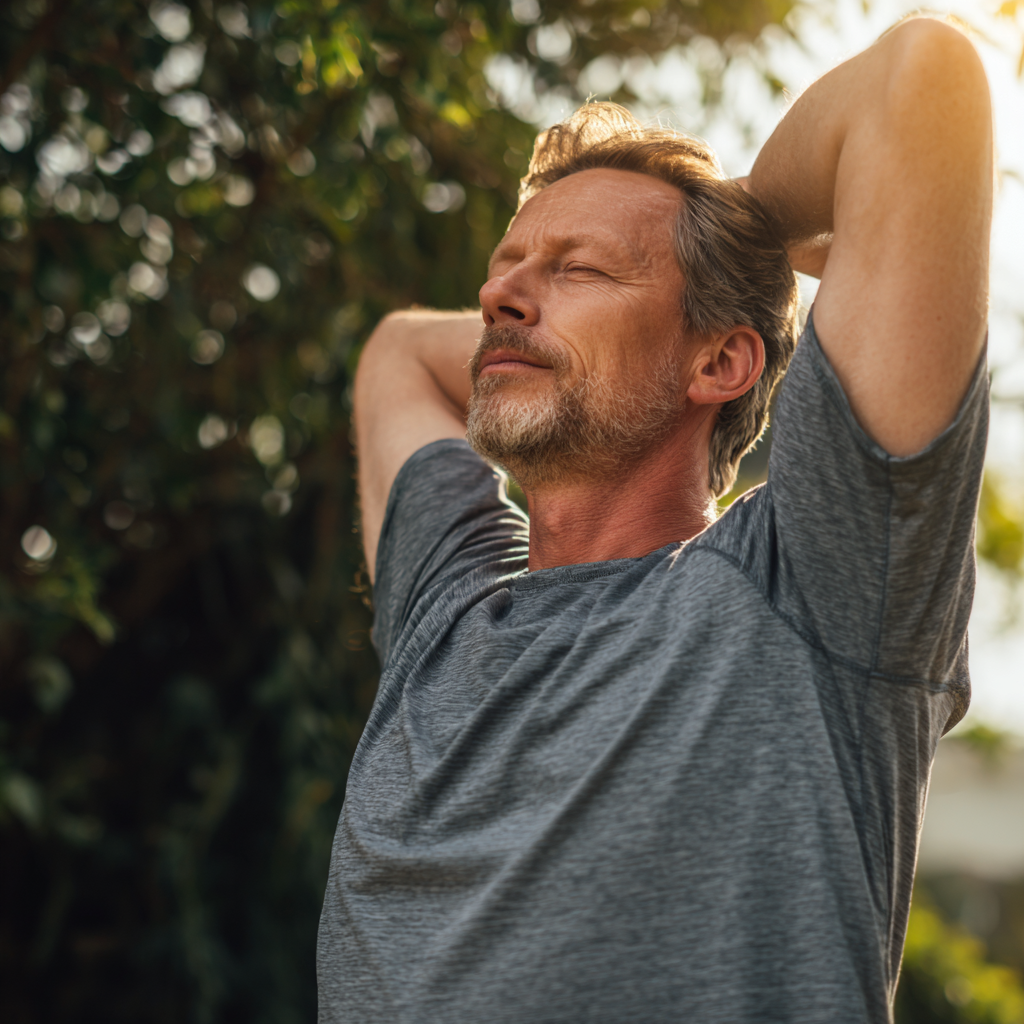 confident middle-aged person stretching outdoors in natural light